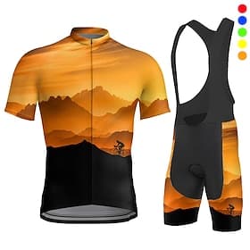 Homme Maillot et Cuissard Avec Bretelles Velo Cyclisme Manche Courte VTT Vélo tout terrain Cyclisme sur route Été Bleu Jaune Orange Nature et paysages Drôle Vé
