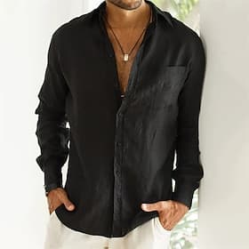 Men's Linen Shirt Summer Shirt Beach Wear Button Up Shirt Plain Vacation Casual Black Blue Brown Khaki Long Sleeve Turndown Spring   Fall Clothing Apparel Fron