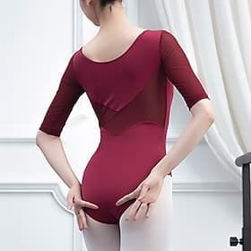 Breathable Ballet Activewear Leotard / Onesie Ruching Pure Color Splicing Women's Performance Training Half Sleeve High Cotton Blend