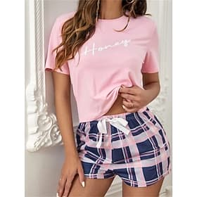 pigiama da donna pigiama top e pantaloni set griglia / plaid lettera semplice casual comfort casa quotidiano letto traspirante girocollo manica corta maglietta