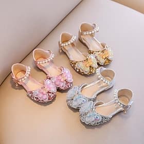 Girls' Pink Glitter Butterfly Dress Shoes – Sparkly Low Heel Princess Flats with Pearl Strap for Birthday, Wedding  Party