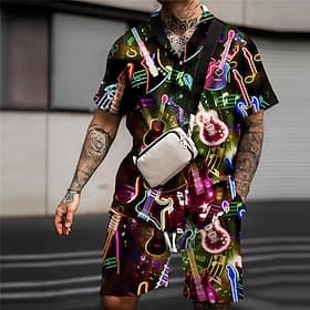 Men's Graphic Prints Guitar Lights Shirts Sets Shirt Set Summer Hawaiian Shirt Short Sleeve Turndown Tropical Fashion Hawaiian Street Casual Hawaiian Print Sum
