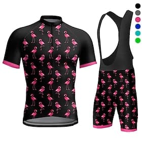 Homme Maillot et Cuissard Avec Bretelles Velo Cyclisme Manche Courte VTT Vélo tout terrain Cyclisme sur route Été Gris foncé Noir Blanche Graphique Flamant ros