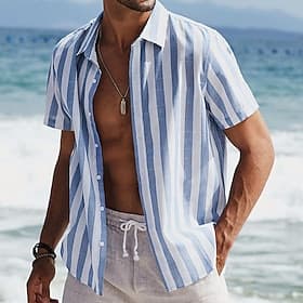 Men's Shirt Summer Shirt Casual Shirt Beach Shirt Button Up Shirt Striped Shirts Black Pink Green Dark Blue Gray Short Sleeve Striped Lapel Vacation Street Pri