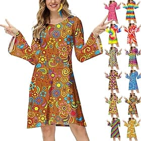 Hippie Retro Vintage 1970s Disco Dress Women's Costume Vintage Cosplay Party  Evening Long Sleeve Dress Masquerade