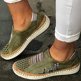 Women's Green Cat Print Slip-On Casual Sneakers – Breathable Loafers with Elastic Panel for Walking, Travel  Everyday Wear