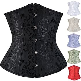 Women's Lace Up Boned Underbust Corset  Jacquard Brocade Waist Training Bustier Lingerie Rococo Retro Vintage