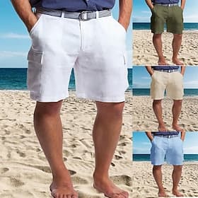 Men's Shorts Linen Shorts Summer Shorts Beach Shorts Multi Pocket Straight Leg Plain Comfort Breathable Short Casual Daily Holiday Fashion Designer White Khaki