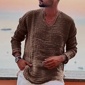 Men's Linen Shirt Summer Shirt Beach Wear Casual Shirt Plain Vacation Curise White Blue Brown Khaki Long Sleeve V Neck Spring  Summer Clothing Apparel