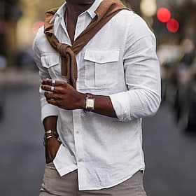 Men's Shirt Cotton Linen Shirt White Cotton Shirt Summer Shirt Beach Shirt Plain Hawaiian Holiday Black White Blue Khaki Long Sleeve Lapel Spring  Summer Cloth