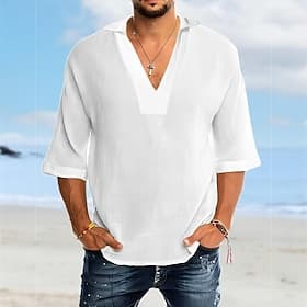 Homme Chemise Chemise en coton et lin Chemise en coton blanc Chemise d'été Chemise Décontractée Chemise de Plage Uni Vacances Occasionnel Blanche Rose Claire B