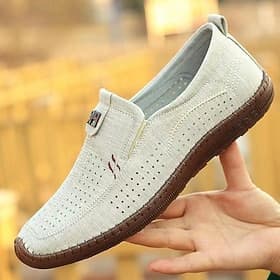Men's Breathable Beige Slip-On Loafers with Perforated Design and Cushioned Sole - Lightweight Casual Shoes for Summer and Outdoor Wear