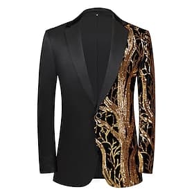 Men's Jacket Blazer Wedding Engagement Party Thermal Warm Breathable Sequins Pocket Fall Winter Floral Streetwear Business Turndown Regular Regular Fit Black R