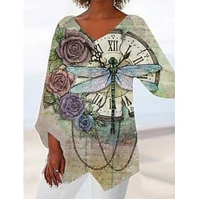 Damenbluse Asymmetrischer Saum Urlaubsmode Streetwear Print Lange Ärmel Lange Oberteile V-Ausschnitt Lässig Urlaub Silber Frühling Herbst