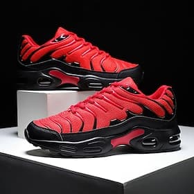 Tênis de corrida masculino vermelho com amortecimento de ar – calçados esportivos de malha respirável com absorção de choque para academia, treinamento e uso d