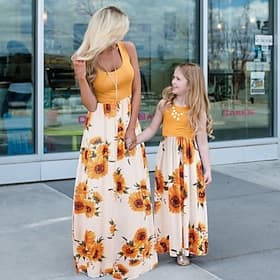Mommy and Me Dresses Tie Dye Sunflower Casual Print Black White Sleeveless Midi Mommy And Me Outfits Active Matching Outfits