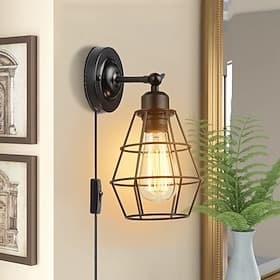 LED Wall Lamp Plug-in Wire Cage Wall Lamp Industrial Wall Lamp with Plug Cord Rustic Wall Lamp On/Off Switch Retro Wall Lamp for Headboard Bedroom