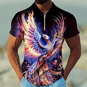 Men's Phoenix Zip Polo Shirts Golf Shirt Short Sleeve Polo Shirts Collared Shirts Casual Funny Streetwear Vacation Wear Party Outfits 3D Print Quarter Zip Polo