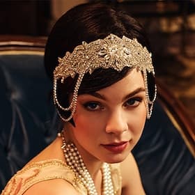 1920s Flapper Headpiece Roaring 20s Headband Great Gatsby Headband Chain for Women Vintage Hair Accessory White Silver Wedding Party