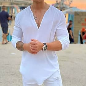 Men's Shirt Summer Shirt Beach Wear Casual Shirt T Shirt Tee Solid Color Outdoor Vacation Black White Blue Khaki Long Sleeve V Neck Summer Clothing Apparel