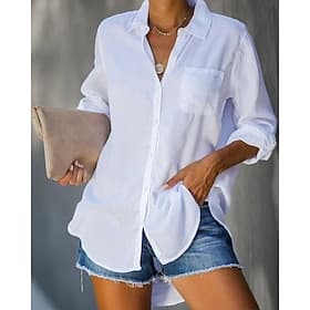 Women's 100% Cotton Shirt Blouse Button Pocket Work Daily Solid Basic Long Sleeve Shirt Collar White Summer Spring