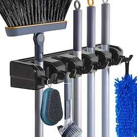 Broom Holder, Wall Mounted Garden Tool Organizer, Home Laundry Room, Kitchen, Closet, Shed, Garage Organization And Storage Utility Rack, 5 Slots  6 Hooks, Rak