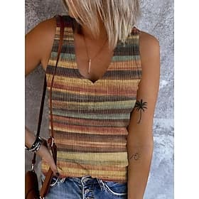 Women's Camisole Tank Top Going Out Tops Basic Striped Buttons Print Sleeveless Regular Tops V Neck Casual Pink Blue Purple Khaki