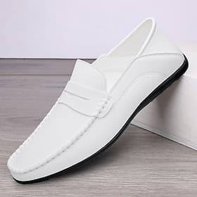 Men's White Faux Leather Loafers – Casual Slip-On Driving Shoes for Business  Summer Wear