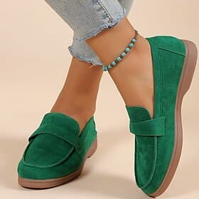 Women's Green Suede Penny Loafers – Comfortable Slip-On Flats Shoes for Casual Wear, Walking  Daily Outfits