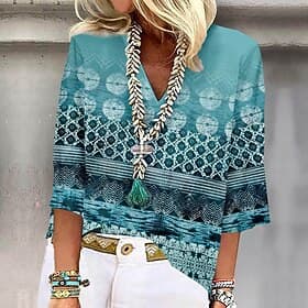 Women's Shirt Button Down Blouse Basic Print 3/4 Length Sleeve Regular Tops V Neck Casual Pink Blue Purple Green Khaki