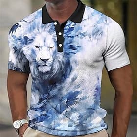 Men's Lion Waffle Polo Shirts Golf Shirt Short Sleeve Polo Shirts Collared Shirts Casual Funny Streetwear Vacation Wear Party Outfits 3D Print Buttons Blue Yel