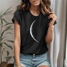 Women's 100% Cotton T Shirt Galaxy Moon Basic Short Sleeve Round Neck Regular Tops Casual Daily Black