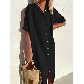 Women's Midi Dress Linen-feel Dresses Shirt Dress Casual Dress Casual Daily Loose Fit Plain Short Sleeve Shirt Collar Blue ArmyGreen Black Red Summer Spring Fa