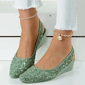Women's Green Floral Embossed Closed-Toe Wedge Mules, Slip-On Backless Comfort Low Wedge Shoes for Casual  Work