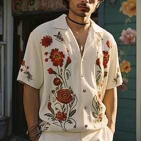 Men's Floral Shirt Button Up Shirt Short Sleeve Sports Fashion Streetwear Casual Outdoor Holiday Summer Spring Cuban Collar Print White Yellow Wine Red