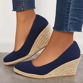 Schwarze Keilabsatzschuhe aus Canvas für Damen – Espadrille-Plateauschuhe mit geflochtener Jutesohle für sommerliche Freizeitoutfits, Strandurlaube und den All