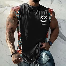 Men's Graphic Color Block Tribal Vest Top Sleeveless T Shirt for Men Cap Sleeve T shirt 3D Print Crew Neck Shirt Fashion Designer Muscle Daily Sports Gym Black