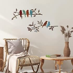 2 Packs Metal Birds Wall Art Decor, Colorful Metal Birds on The Tree Branch Leaves Wall Decor, Rustic Hanging Bird and Leaf Wall Sculpture Home Decor for Balco
