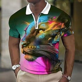 Men's Animal Leopard Graphic Prints Waffle Polo Shirts Polo Shirts Zip Polo Golf Shirt Short Sleeves Shirt Turndown Casual Daily Yellow Zipper Print Clothing A