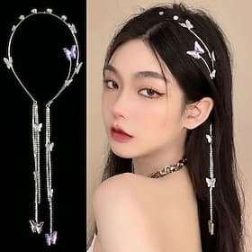 Wedding Butterfly Headband Head Chain Silver Tassel Hair Hoop Band Hair Vine Vintage Decorative Headwear Headpieces Hair Accessories for Women and Girls Headdr
