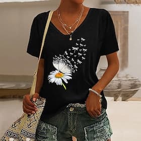 Women's T Shirt Print Butterfly Dandelion Basic Short Sleeve V Neck Regular Tops Weekend Blue Black Pink Purple Green Summer