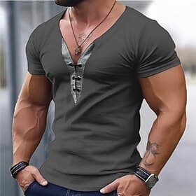 Men's T Shirt Tee Top Long Sleeve V Neck Spring  Summer Plain Fashion Designer Basic Lace up Vacation Street Going out Green Top Tee for Men