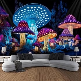 Mushroom Fantasy Blacklight Tapestry Glow in the Dark Glow Party UV Reactive Trippy Misty Nature Landscape Hanging Tapestry Wall Art Mural for Living Room Bedr