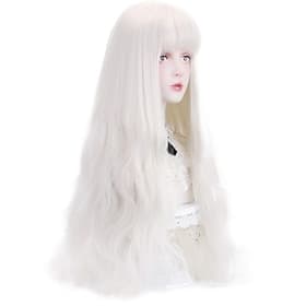 Long White Synthetic Wig with Bangs - Natural Long Wavy Cosplay Wigs for Women Carnival Christmas 30