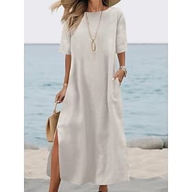 Women's 100% Cotton  Maxi Dress Sundress Kaftan Dress White Dress Basic Casual Daily Outdoor Loose Fit Plain Half Sleeve Crew Neck ArmyGreen Black White Wine S