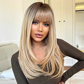 Long Blonde Wigs for Women Straight Synthetic Layered Wig with Bangs and Dark Roots