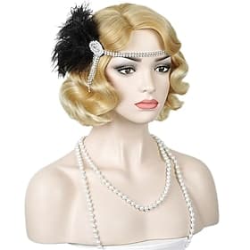 1920-talls flapper bølget parykk med hårbånd fingerbølget vintage parykk 20-talls krøllete bølget parykk skitt blond cosplay kostyme hår Halloween parykker