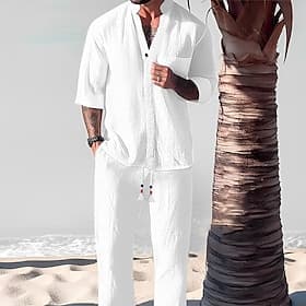 Men's 2 Piece Shirt Set Summer Set Matching Sets Casual Shirt Black White Gray Light Blue Short Sleeve Plain Standing Collar Vacation Daily Front Pocket Clothi