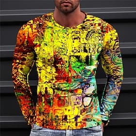 Men's Abstract T Shirt Graphic Tee Long Sleeve T shirt 3D Print Crew Neck Shirt Designer Casual Daily Outdoor Vacation Blue Yellow Red Spring   Fall Clothing A