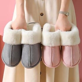 Women's Cozy Fleece-Lined Slippers with Faux Fur Collar - Warm Indoor Winter House Shoes in Pink and Gray